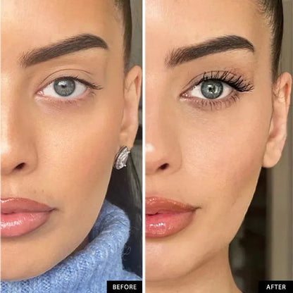 Before and after eyelash growth serum results showing longer, fuller lashes