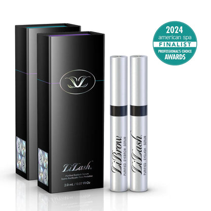 LiLash purified eyelash and eyebrow serums with award badge, sleek black packaging