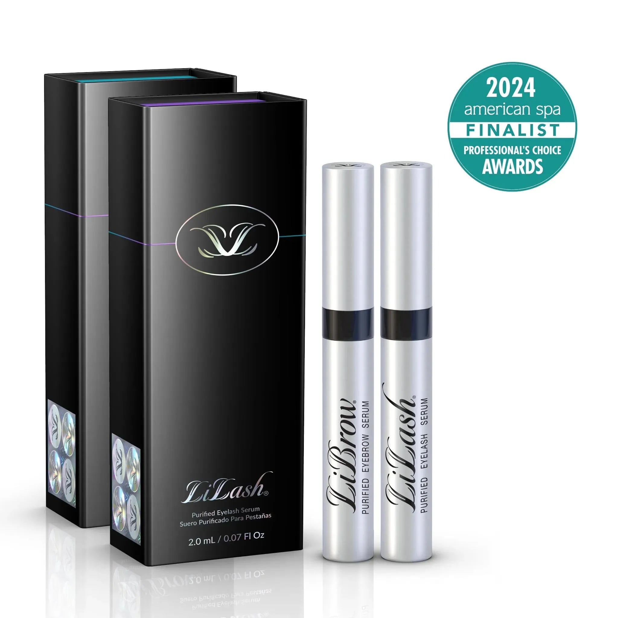 LiLash purified eyelash and eyebrow serums with award badge, sleek black packaging
