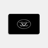 Black gift card with silver oval logo featuring stylized V shapes on a white background