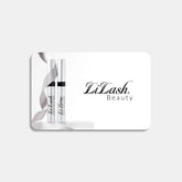 Lilash Beauty gift card featuring Purified Eyelash Serum and Purified Eyebrow Serum with silver ribbon