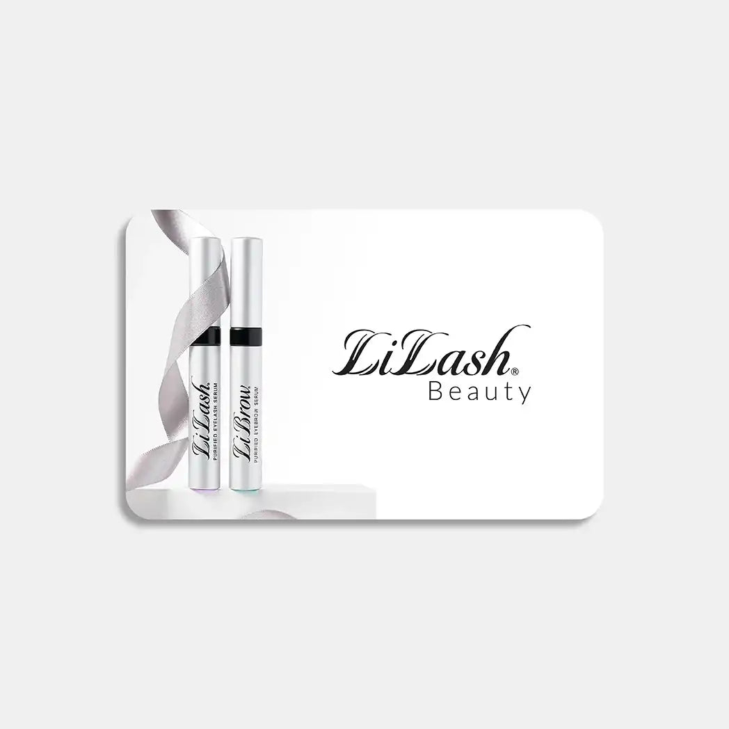 Lilash Beauty gift card featuring Purified Eyelash Serum and Purified Eyebrow Serum with silver ribbon