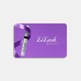 Lilash Beauty gift card with purple background, featuring a mascara tube and purple ribbon