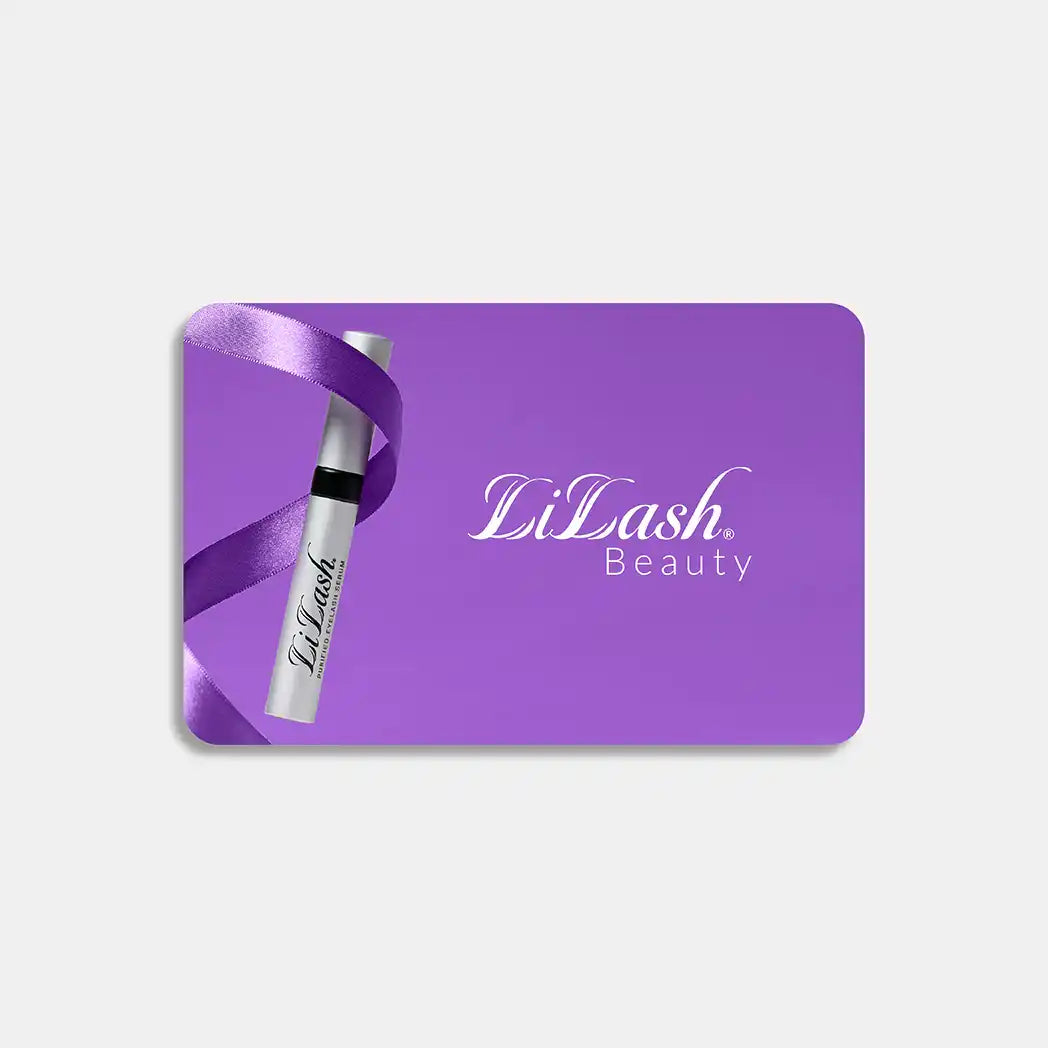 Lilash Beauty gift card with purple background, featuring a mascara tube and purple ribbon