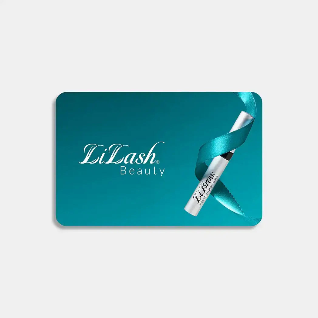 LiLash Beauty gift card with LiBrow serum and teal ribbon for lash and brow enhancement