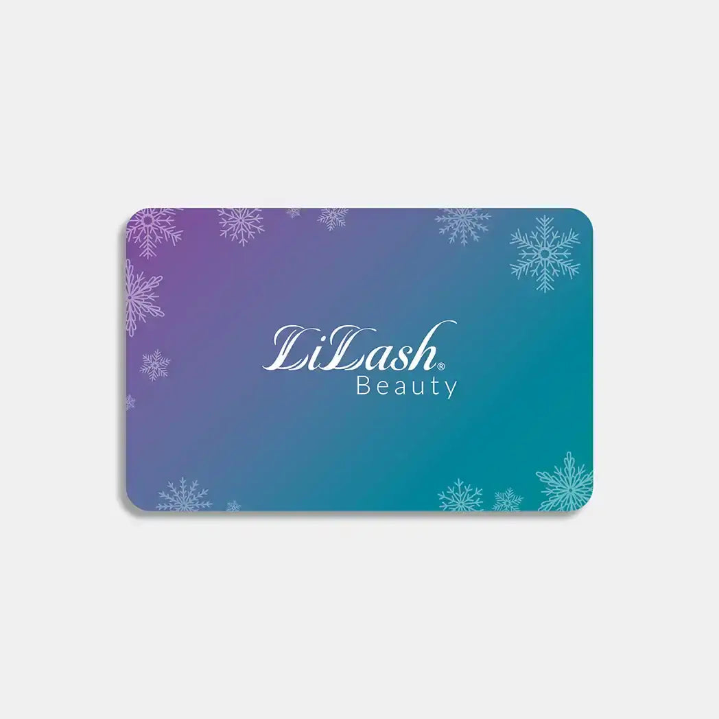 LiLash Beauty gift card with snowflake design on gradient purple and teal background