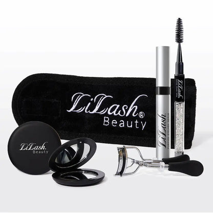 LiLash Beauty eyelash serum bundle including silver tube serum, black lash comb, eyelash curler, compact mirror, and branded black velvet pouch