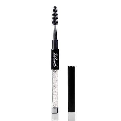 DiLash purified eyelash serum with clear gel and black spoolie brush on white background